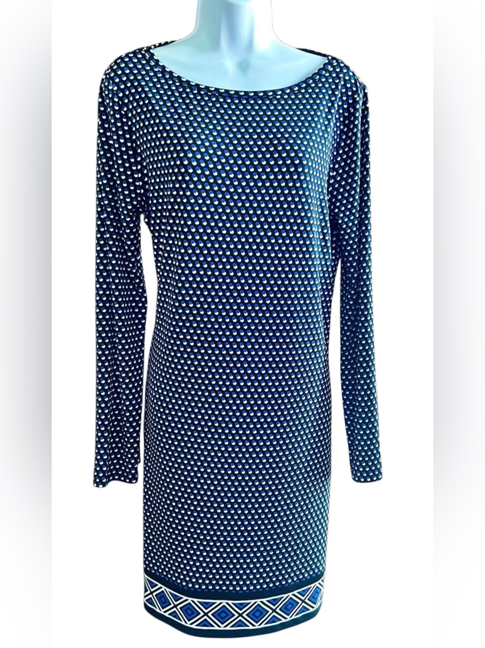 Michael Kors Blue Black White Geometric Optical Dot Long Sleeve Shift Dress Sz L